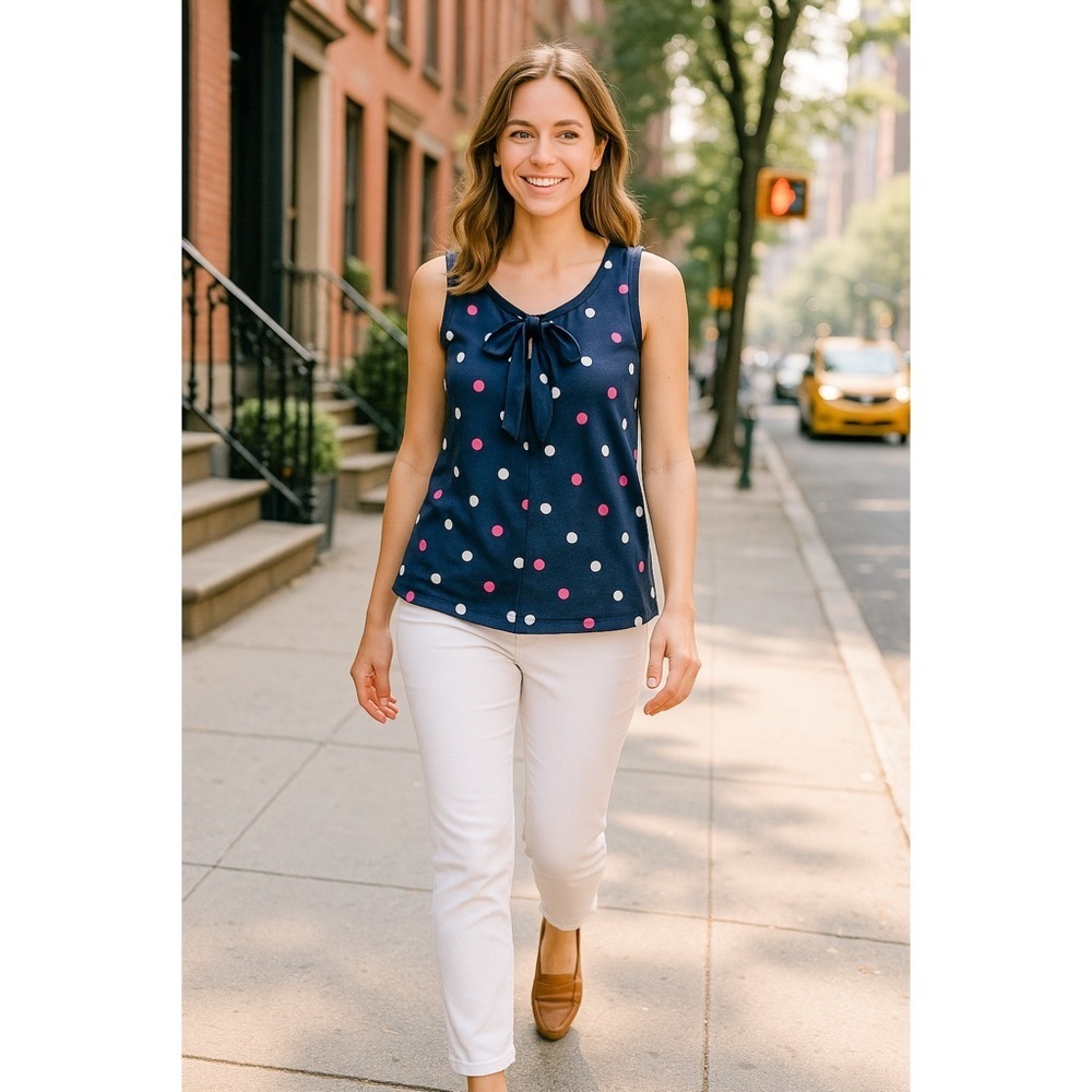 Tommy Hilfiger Womens Navy Polka Dot Sleeveless Blouse Tank Top M Classic Preppy